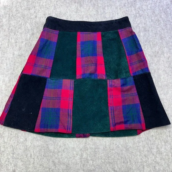 Vintage Mona Mode Suede Wool Plaid Button Front A-Line Skirt Size 10‎ Patchwork - Picture 4 of 7